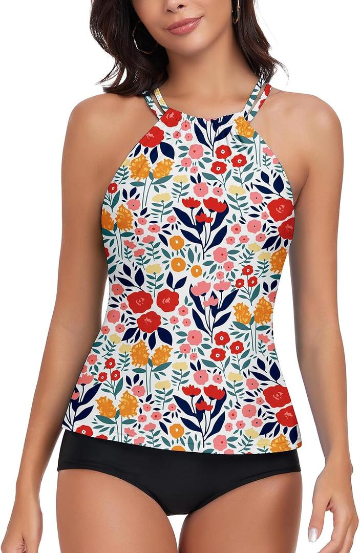 WOWENY Womens Swim Tankini Tops High Neck Bathing Suit Slim Fit Swim Tops UPF 50+ Tummy Control Swimsuits No Bottom (White, S)