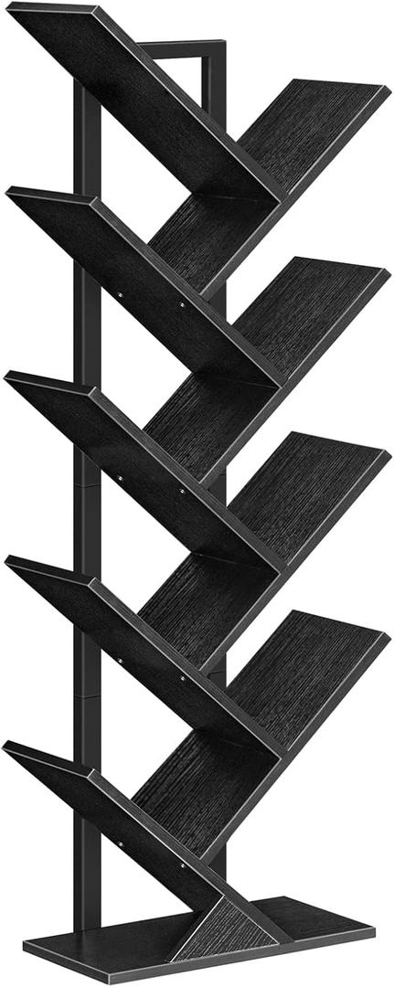 HOOBRO Tree Bookshelf, 9-Tier Bookcase Wooden Shelves, Floor Standing Storage Rack, for Display of CDs, Books in Living Room, Home Office, Wood Storage Rack for Bedroom, Black BB08SJ01G1 (7.9"D x 13.4"W x 45.6"H)