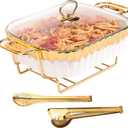 Ceramic Chafing Dish for Buffet  White Food Tray with 2 Gold Tongs, Family Size Chafer with Glass Lid, Serving Soup, Rectangular Catering Casserole for Party Style (Medium 1.9 quarts)