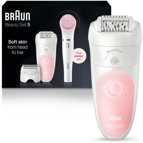 Braun SE5-895 Epilator, Hair Removal Device, Epilator for Women, Includes Shaver and Facial Cleansing Exfoliator Brush Attachments, Waterproof, Cordless and Rechargeable