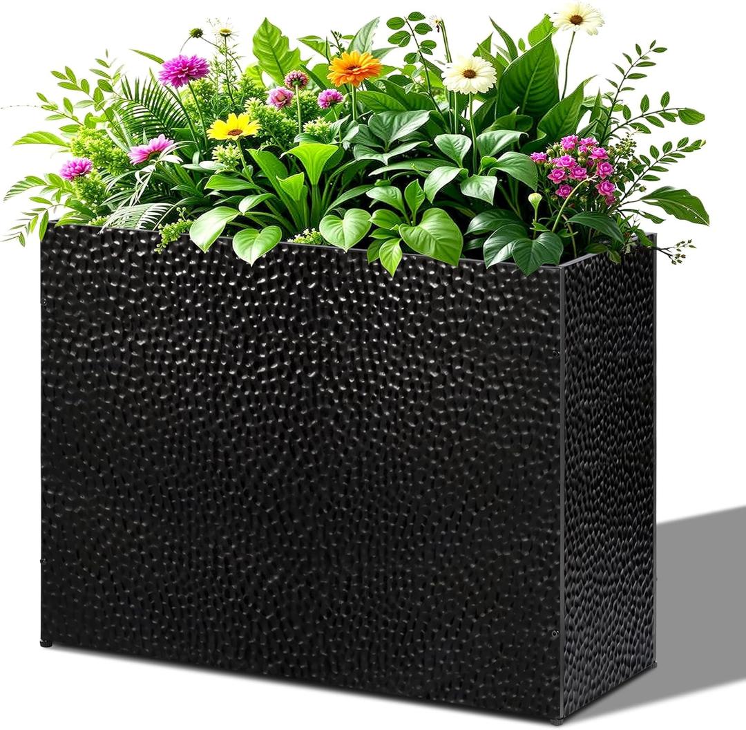 BAYN 32x12x24 Inch Rectangular Metal Planter Box – Black Hand-Hammered Metal Planter with Pre-Drill Holes, Heavy Duty Outdoor Garden Planter for Patio, Porch, Yard
