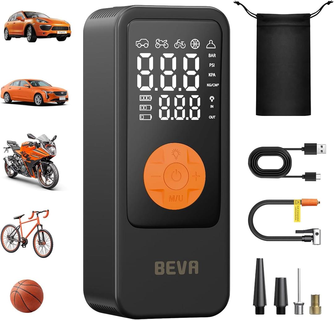 BEVA Tire Inflator Portable Air Compressor, 4X Faster Inflation Air Pump with Digital Pressure Gauge, 150PSI Cordless Tire Inflator with LED Light for Car, Electric Bikes, Motorcycle, Bike, Ball (Medium)