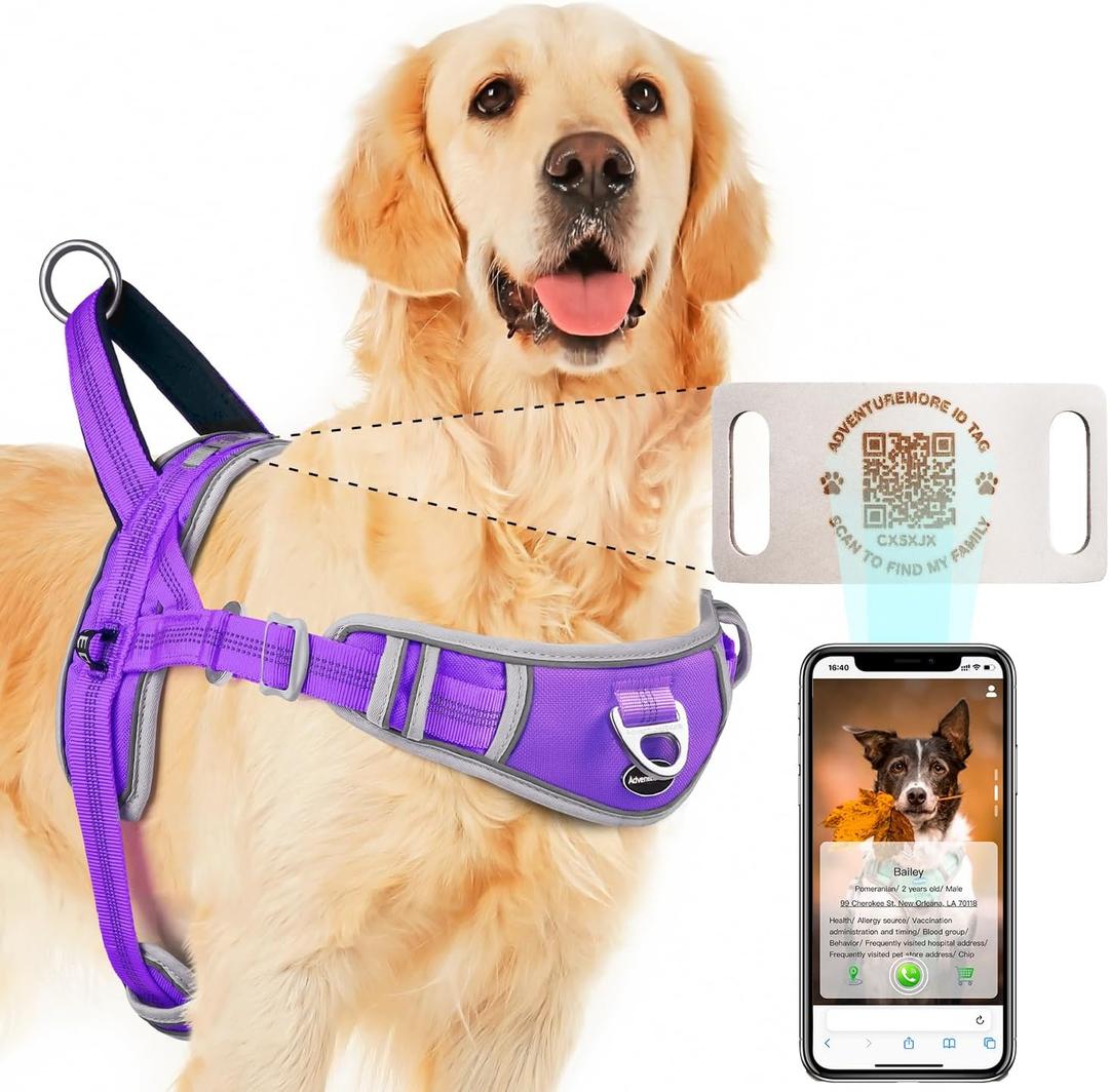 ADVENTUREMORE Medium Dog Harness - No Pull, Reflective, Escape Proof with QR Code Dog Tag, Adjustable Front Clip Handle for Training & Walking - M Purple