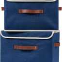 2PCS Storage Boxes with Lid Cotton Linen Fabric Storage Bins Organizer Container Decorative Collapsible Washable Shelf Closet Baskets Faux Leather Handles Home Bedroom (Deep Blue, Large)