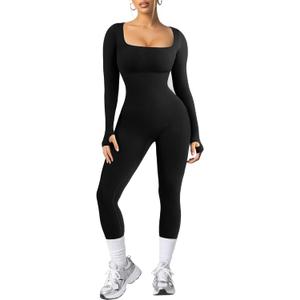 Popilush Jumpsuits for Women Long Sleeve Built-In Bra Square Neck Full Length Leggings Bodycon Stretch Workout Outfits (Large, Black)