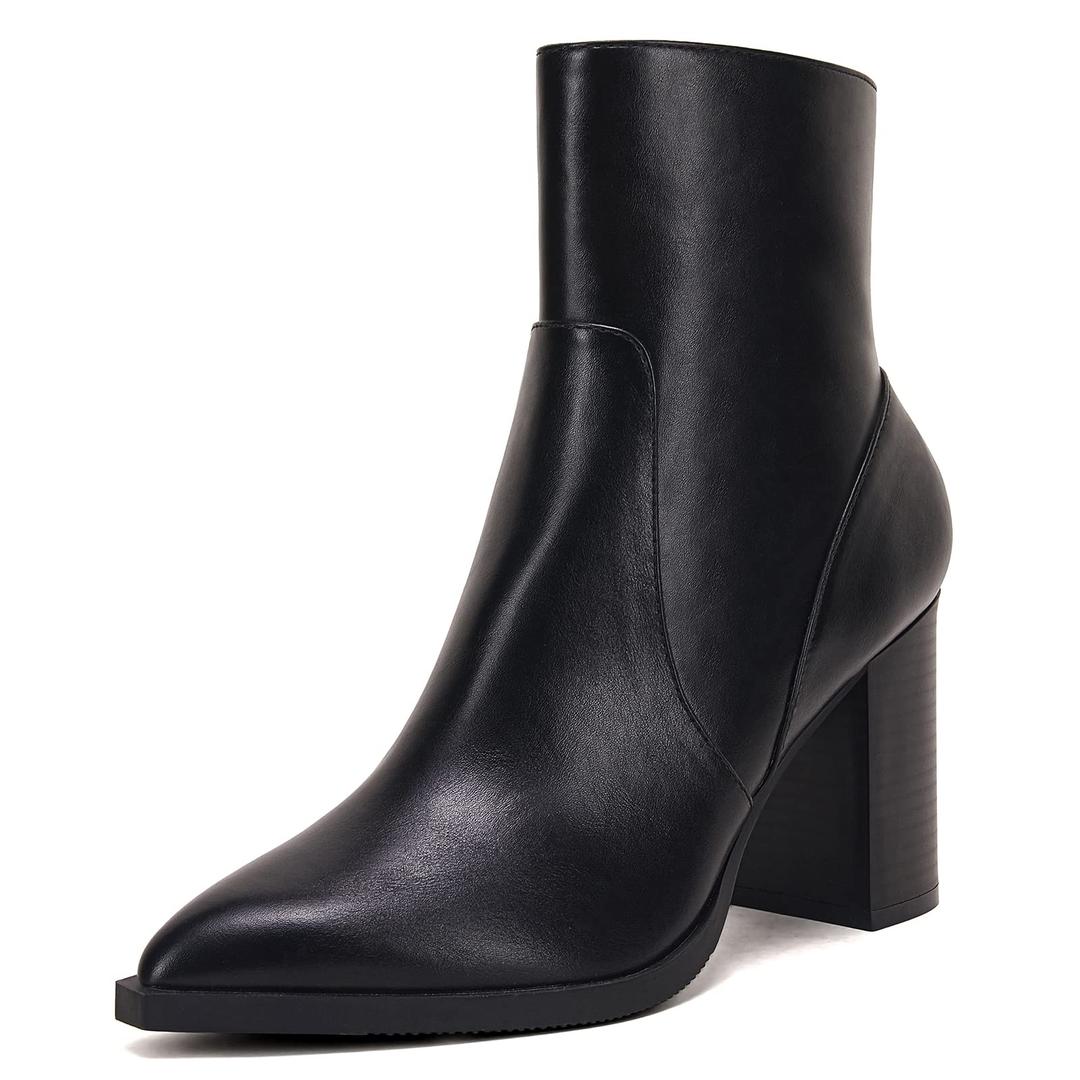 LAICIGO Women's Pointed Toe Ankle Boots Chunky Stacked Heel Side Zipper Faux Leather Ankle Booties, Black, Size 8