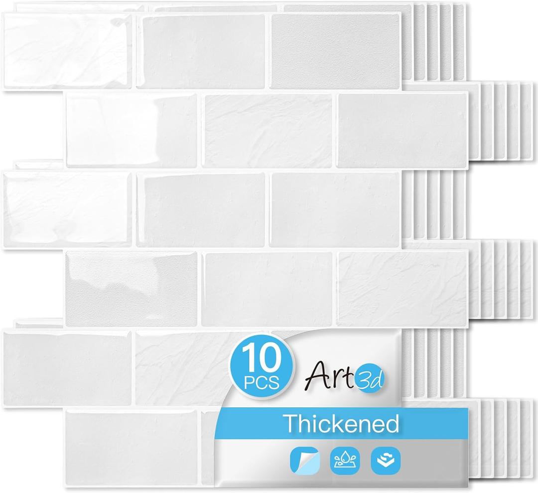 Art3d Peel and Stick Wall Tiles in White Marble 10-Pack of 12 x12 Thickened Design Backsplash, Self-Adhesive Tile for Kitchen & Bathroom Decor