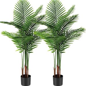 Jexine 2 Pack Artificial Palm Trees 4Ft, Fake Plants Fake Trees Artificial Areca Palm Plants for Outdoor Indoor Faux Palm Tree in Pot for Pool Home Decor Office Housewarming Gift Modern Decoration