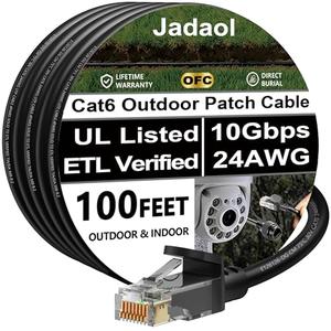 Cat 6 Outdoor Ethernet Cable 100 ft (30.48m), Support Cat8/7 Network, 10Gbps 550MHz, 24AWG Pure Copper, Direct Burial Waterproof In-Ground UV Resistant LAN Patch Cable for Router, Modem, Switch, Black