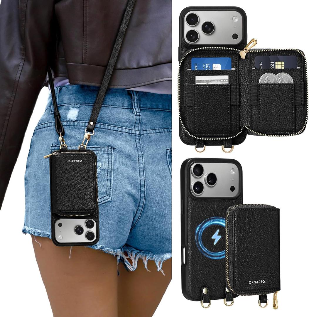 ORNARTO Magnetic Detachable Wallet Case for iPhone 17 Pro Max, [Compatible with MagSafe], Crossbody Wallet Case with Card Holder Wrist Strap, RFID Blocking PU Leather Wallet Phone Cover 6.9", Black