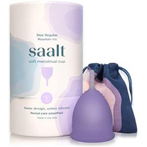 Saalt Soft Menstrual Cup – Reusable Period Cup – Made for Comfortable, Leak-Free Protection Up to 12 Hours – BPA & Latex Free – Includes Cup & Carry Bag (Regular, Mountain Iris)