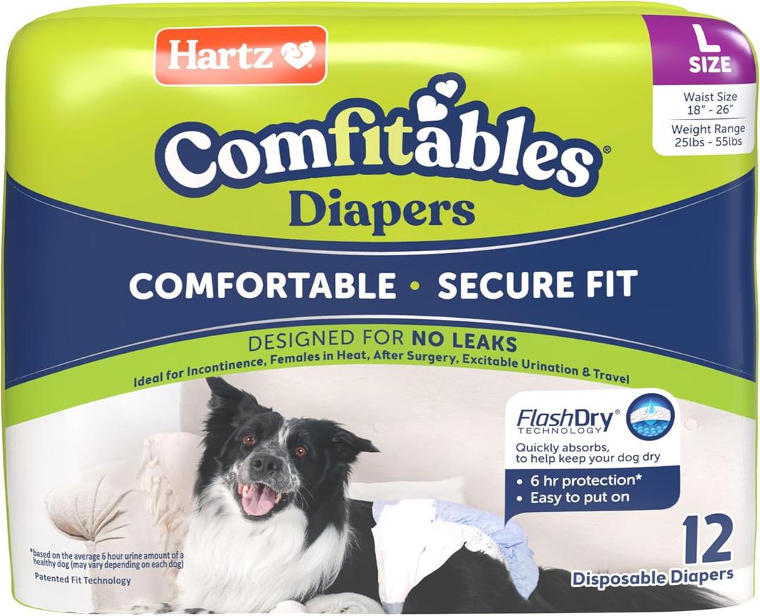 Hartz Comfitables Disposable Dog Diapers, Size Large 12 Count, Comfortable & Secure Fit, Easy to Put On, Super Absorbent Male and Female Diaper
