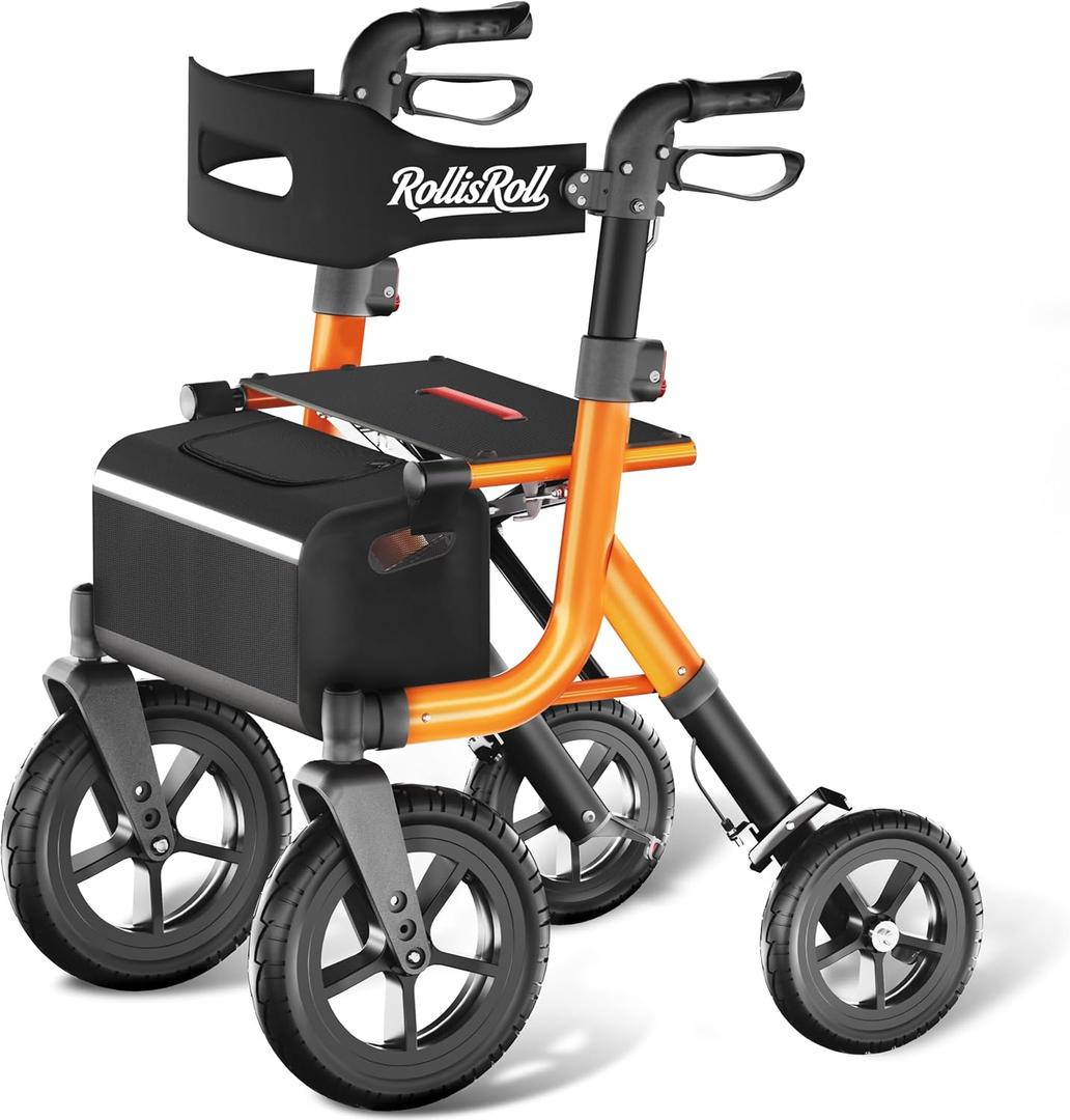 Walkers for Seniors, Rollator Walker with Seat, 12" Big Rubber Wheels All Terrain Rolling Walker with Backrest, Foldable Rollator Walker, Reinforced Aluminum Frame, Built-in Cable, Orange