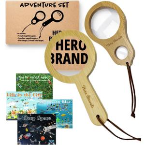Adventure Set - 2X Wood Magnifying Glass for Kids with 4 Pictures - Wooden Montessori Toy - Learn and Explore