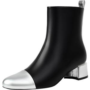 Mofirdast Womens Ankle Chunky Low Heels Boots Round Cap Toe Two-tone Color Blocking Booties Side Zipper Mid calf Boots (6.5, Black+sliver)