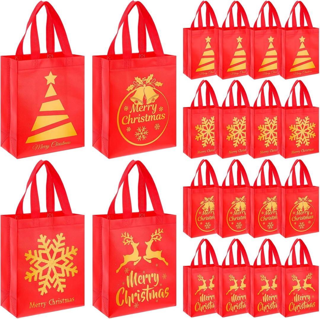 Wesnoy 24 Pcs Christmas Gift Bags Bulk 10 x 8 x 4 Inch Christmas Red Gold Non Woven Party Favors Goodies Candy Bags with Handles for Holiday Gift Birthday Party Supplies
