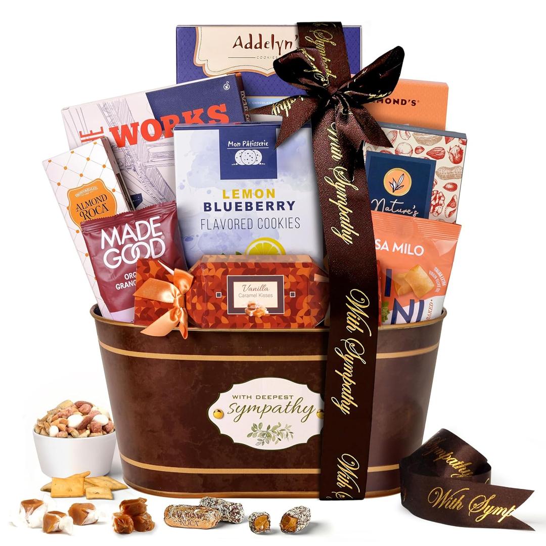 Broadway Basketeers Sympathy Care Package Gift Basket of Chocolates & Sweets.Send Condolences & Well Wishes with Beautiful Basket Enjoy Large Assortment of Sweets & Savory,Perfect for Mom Dad Friends