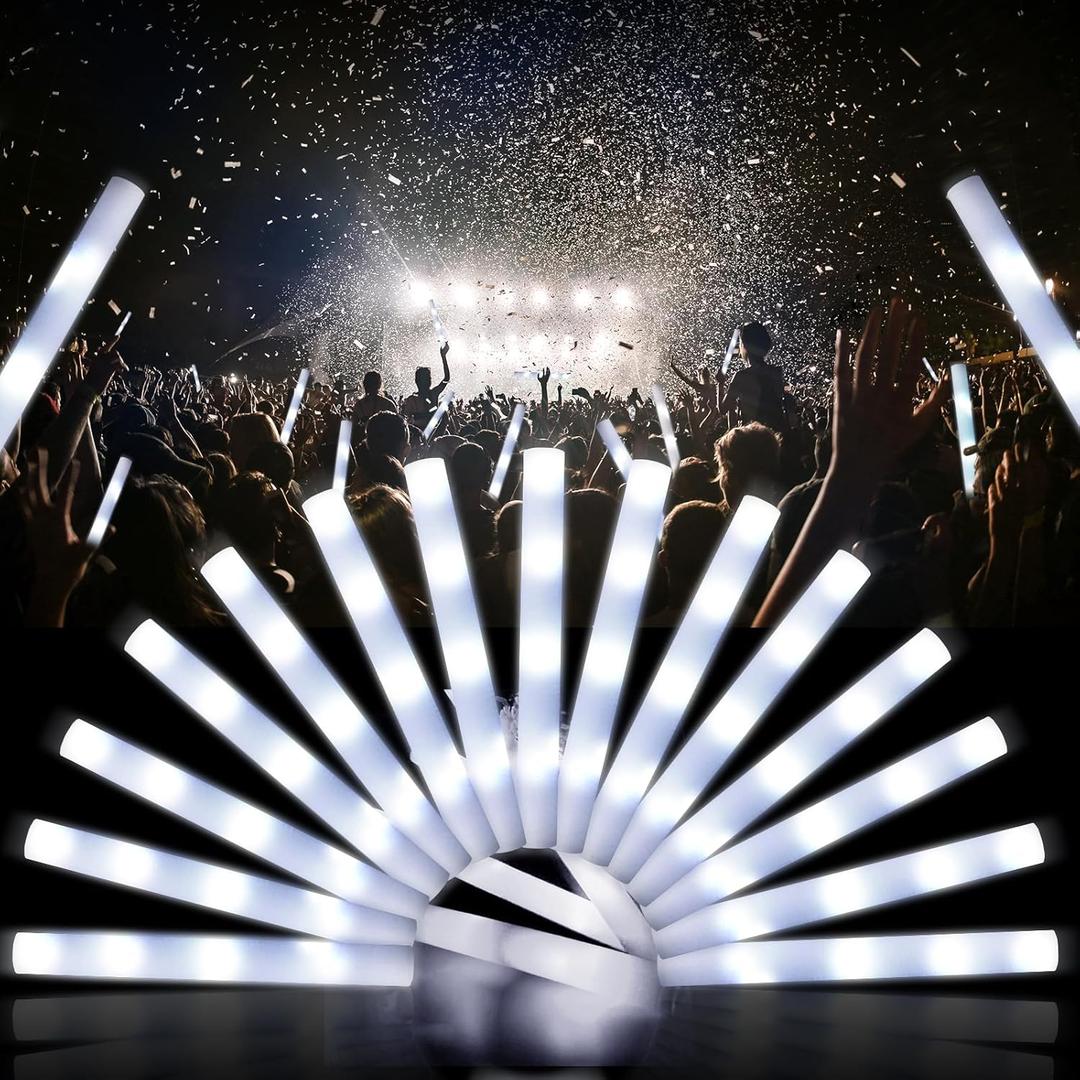 LED Foam Glow Sticks, Bulk Glow Sticks, LED Light Sticks, Light-Up Sticks for Concerts, Weddings, Raves, Carnivals, Halloween, Birthdays (White-30pcs)
