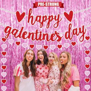 Galentines Day Decorations for Party, Fufuddz Pink Backdrop Foil Curtains Girls Valentines Banner Red Heart Garland Bachelorette Supplies Happy Birthday Sign Cute Gifts for Women Friends Ladies Night