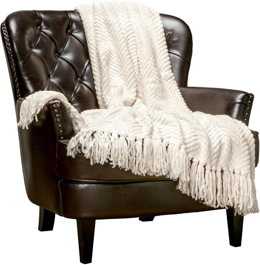 Chanasya Premium Textured Knit Throw Blanket with Tassels - Soft, Cozy Blanket for Couch, Bed, Living Room - 50" x 65 - Cream
