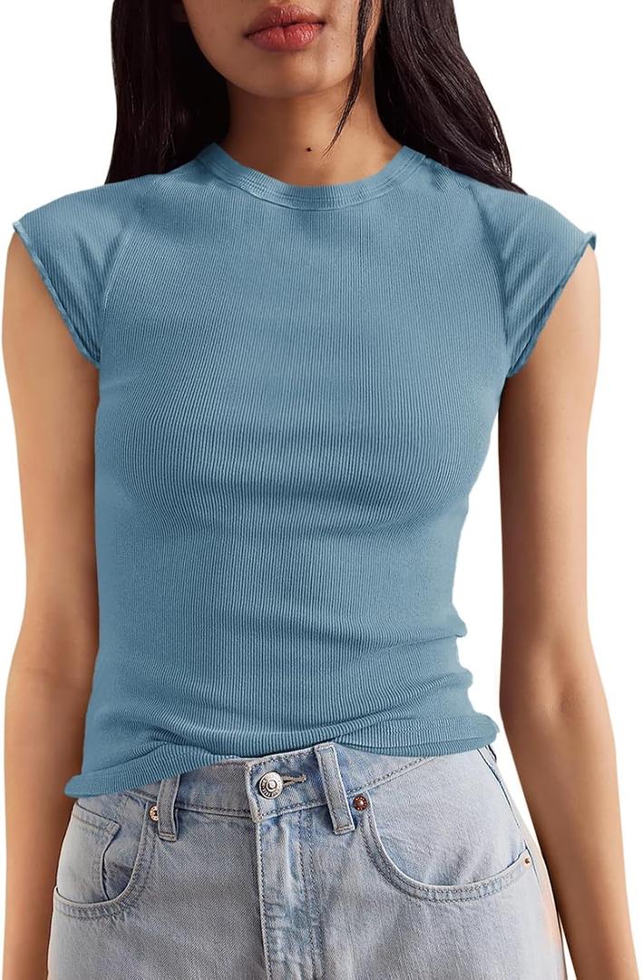 Tankaneo Womens Cap Sleeve Tops Crew Neck Ribbed Knit T Shirt Summer Casual Slim Fit Basic Tees Tshirt (Blue, S)
