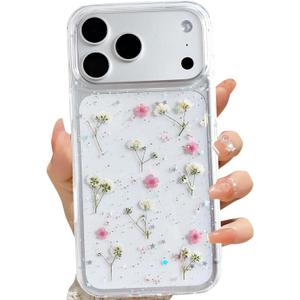 For iPhone 17 Pro Clear Case with Pressed Real Flowers Design,Glitter Cute Pink Floral Pattern Slim Soft TPU Protective Women Girl's Phone Cover for iPhone 17 Pro