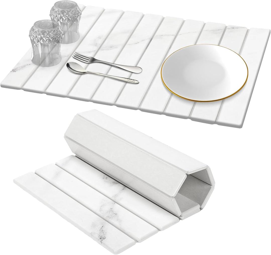 Large Collapsible Stone Dish Drying Mat, 24"16",Heat-resistant Mat for Kitchen Counter,Instant Drying,Fast Dry Pad for Utensils,Pots and Bottles,Diatomaceous Earth Mats, White Marble