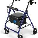Medline Aluminum Rollator Walker with Seat, Blue, 250 lb. Weight Capacity, Lightweight, 6 Wheels, Foldable, Adjustable Handles, Rolling Walker for Seniors
