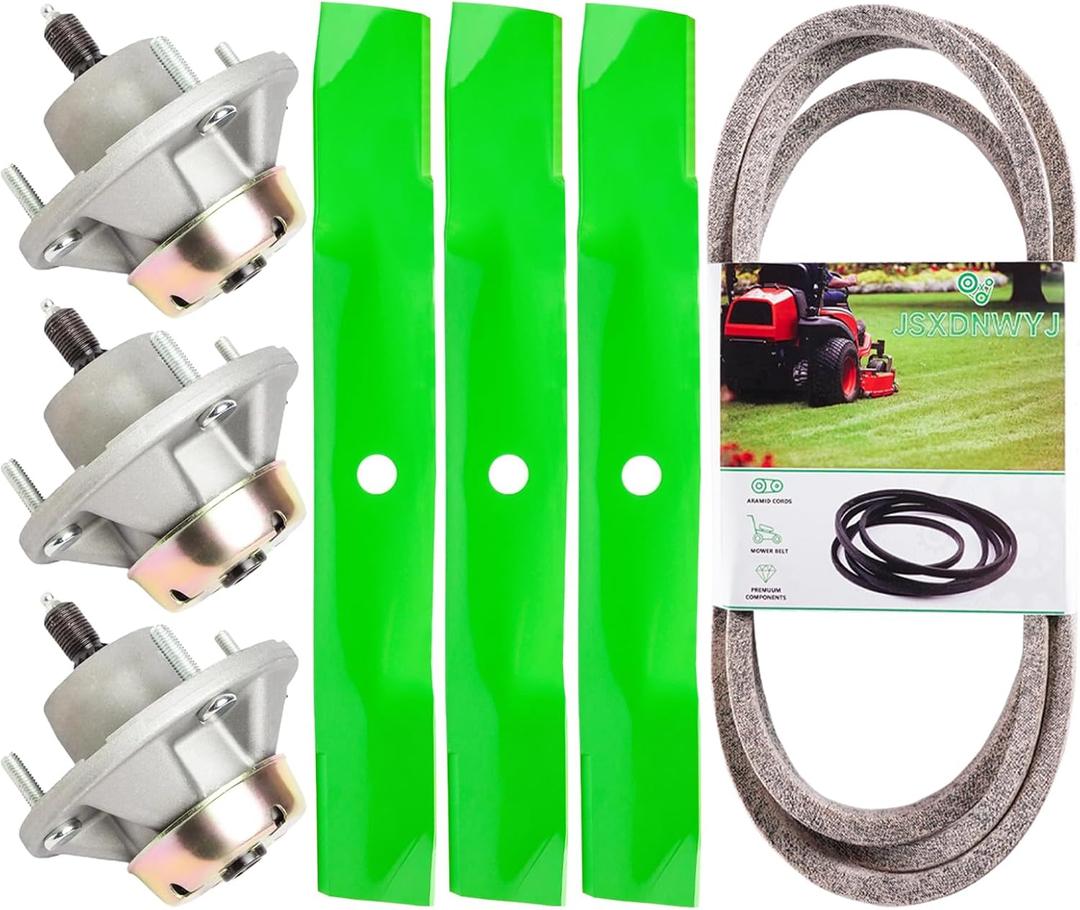 John Dee re 54 Inch Deck Rebuild Kit: 3 Spindles (AM124498/AM131680) + 3 Blades (M143520) + 1 Belt (M154296/M158131) for John Dee re Z425 Z445 Z435