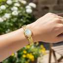 Small Gold Watches for Women's Dainty Analog Dress,Unique Designer Trendy Bangle Bracelets for Women Diamond Watch Oval Case Mother of Pearl Dial, Water Resistant with Tools