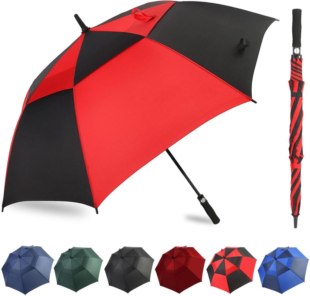 Automatic Open Golf Umbrella, 54/62/68/72 inch Extra Large Oversize Double Canopy Vented Stick Umbrellas, Windproof Waterproof Umbrella for Men And Women (Black/Red)
