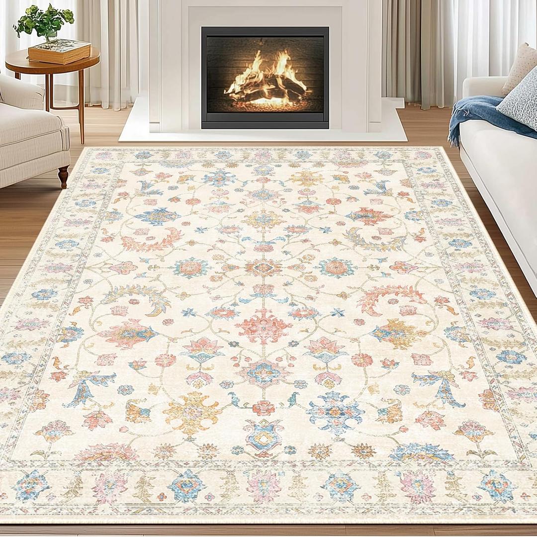 5x7 Area Rug Print Washable for Living Room Low Pile Non Slip Soft Thin Carpet Boho Vintage Floral Rug Stain Resistant for Bedroom Dining Room Kitchen Playroom Creamwhite