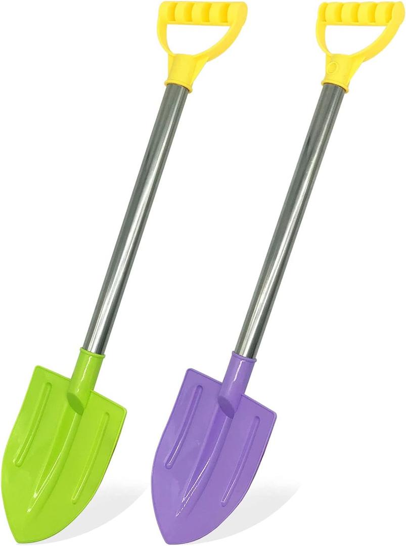 Dsmile 2 Pack Beach Shovels for Kids, 24.4 Inch Long Sand Shovels Gardening Tools Snow Shovel Sturdy Stainless Steel Handle ABS Plastic Spade for Digging Sand Shoveling Snow Fun Gift Set, Green and Purple