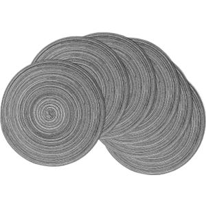 Braided Round Placemats Set of 6,Woven Washable Non-Slip Table Mats for Kitchen Dining, 14.5 Inch, Heat Resistant - Natural Fabric Indoor Outdoor Place Mats(Black Gray)