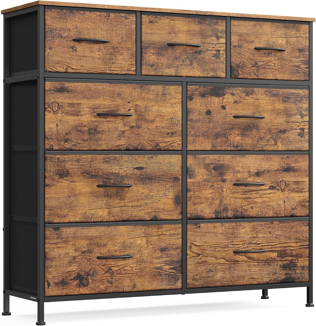 SONGMICS Dresser for Bedroom, Chest of Drawers, Steel, MDF, 9 Non-Woven Fabric Drawers, Storage Organizer Unit, Closet, Entryway, Rustic Brown and Ink Black ULGS324B02S