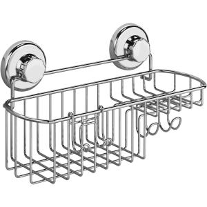 HASKO Shower Caddy Suction Cup, Shower Shelf with Soap Dish and Hooks Organizer, Suction Bathroom Shelf for Storage, Wall Mounted Basket (Polished Stainless Steel SS304)