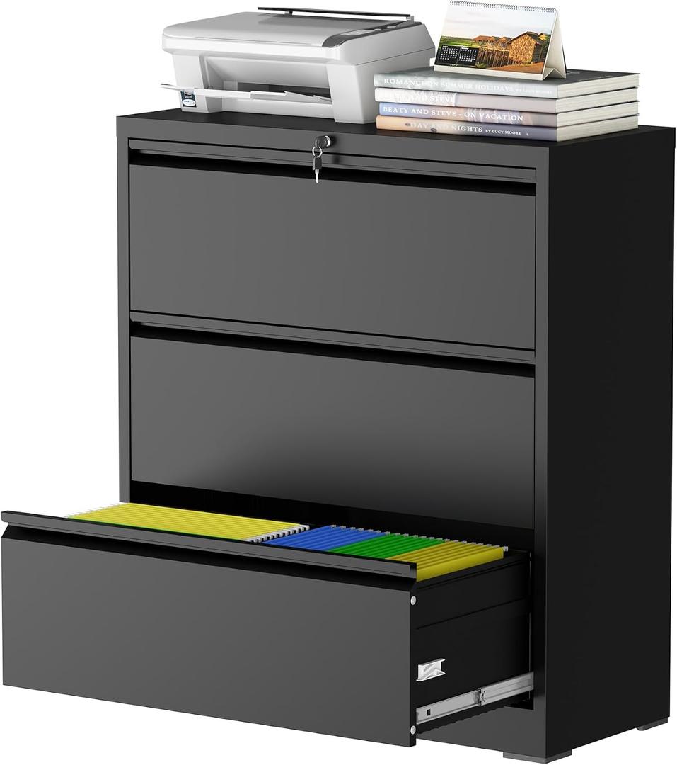 3 Drawer File Cabinet with Lock, Metal File Cabinet, Black | Steel Lateral File Cabinet for Home Office, Ideal for Legal/Letter/A4 Files, 40.4"H x 35.4"W x 15.7"D, Require Assembly