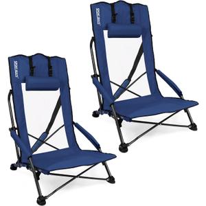 SPORT BEATS Low Beach Chairs Set of 2 Folding Beach Chairs High Back Support with Head Pillows Shoulder Straps (Navy)