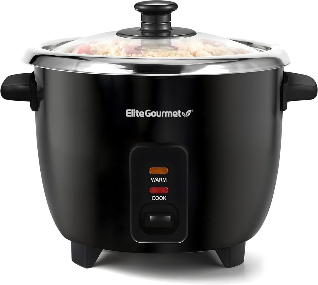 Elite Gourmet ERC006SS 6-Cup Electric Rice Cooker with Stainless Steel Inner Pot, Makes Soups, Stews, Porridges, Grains and Cereals, 6 cup (3 cups uncooked), Black