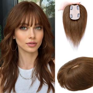MOSINA Hair Toppers for Women Real Human Hair Toppers for Women with Thinning Hair 360Cover Human Hair Toppers with Bangs(Mediun Brown) (3D Bangs(8*11))