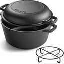 Velaze Cast Iron Dutch Oven Pot with Skillet Lid, 2-in-1 Pre-Seasoned Dual Handle Cast Iron Pan for Bread Baking, Frying, and Camping - Black 5QT