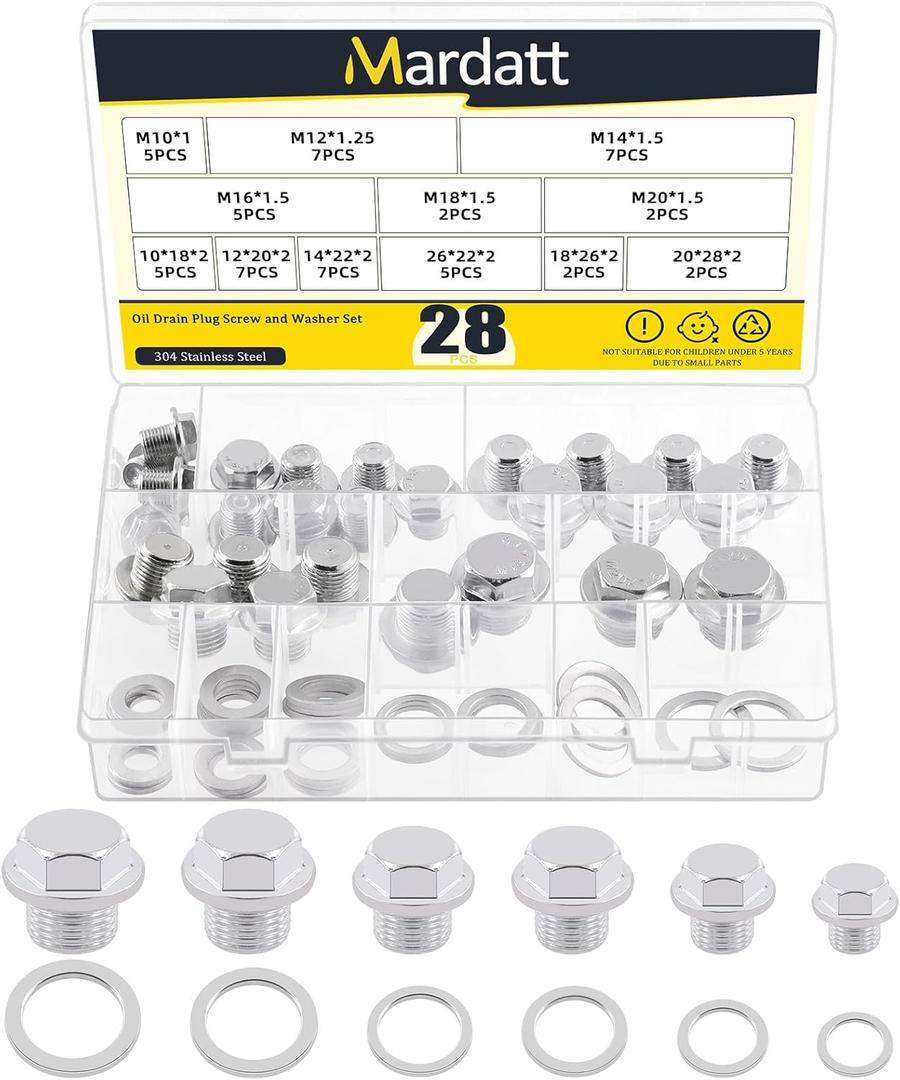 28 Sets Oil Drain Plug Assortment Kit, M10 M12 M14 M16 M18 M20 Steel Oil Drain Plugs with Aluminum Washer Gasket, Engine Oil Drain Plug Replacement Compatible with Honda, Hyundai, Toyota, Ford