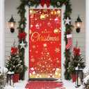 6.6X3FT Red Christmas Door Cover Xmas D-o-o-r Wraps for Front Door Merry Christmas Door Banner Xmas D-oor Cover with Golden Xmas Tree Light and Gifts for Holiday Front Porch Decorations