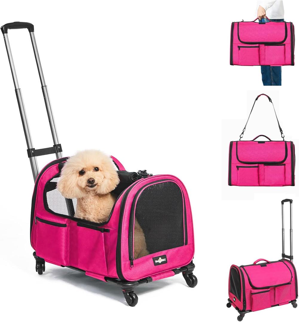 Large Pet Carrier with Wheels, Foldable Rolling Dog Carrier with Big Pocket, Cat Rolling Bag 21"x13"x13" for 2 Cats &Dogs, for Travel, Outdoor, Vet Visits, Camping, Indoor.Pink. (Not for Airline)