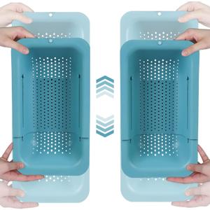 BLUE GINKGO Sink Colander Baskets - (Pack of 2) Wash Vegetables and Fruits, Drain Cooked Pasta and Dry Dishes - Extendable - New Home Kitchen Essentials (2 Teal)