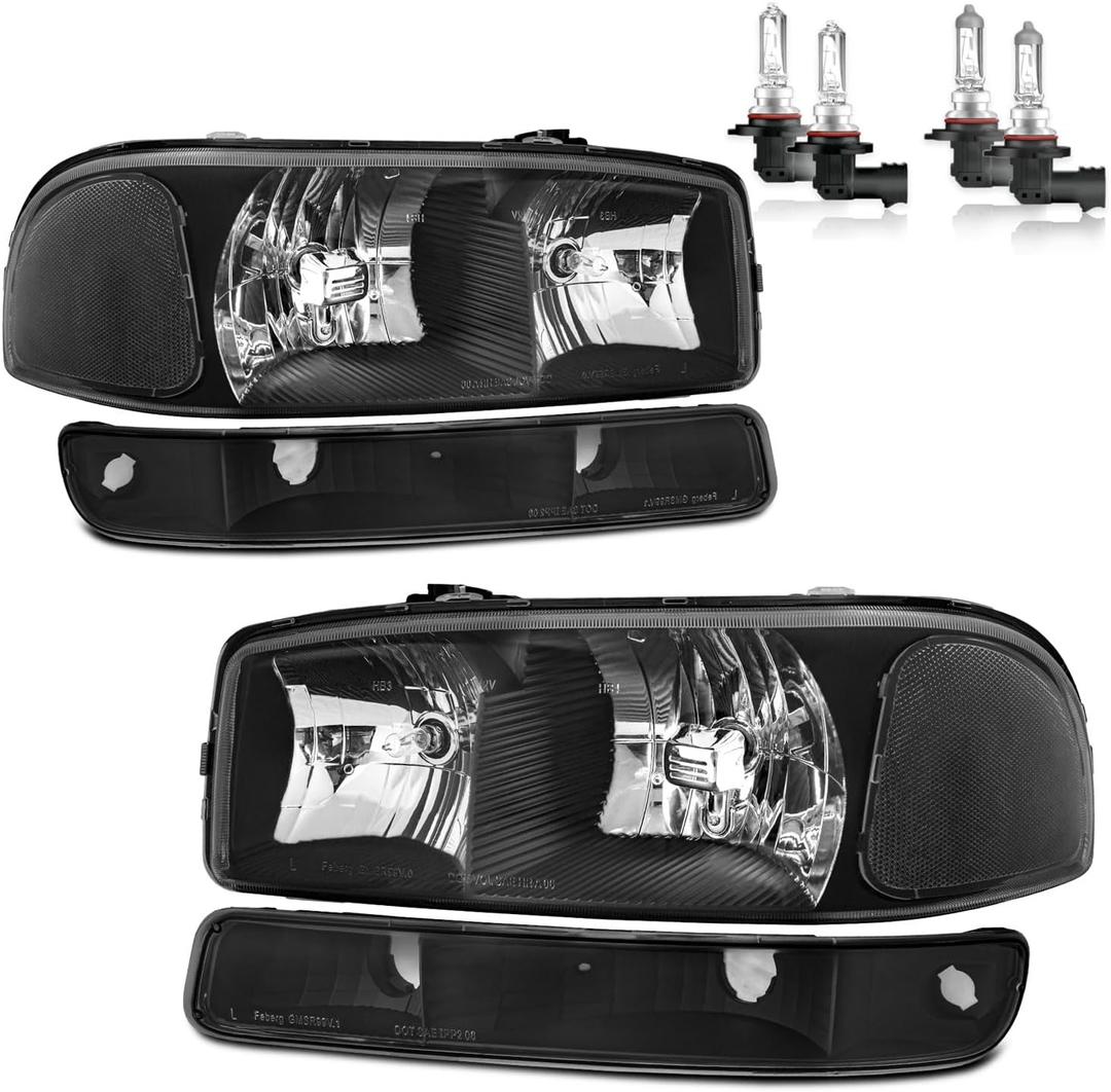 Headlights W/Bulbs for 1999-2007 GMC Sierra, for 2000-2006 GMC Yukon Halogen Headlamp Replacement Driver & Passenger Side