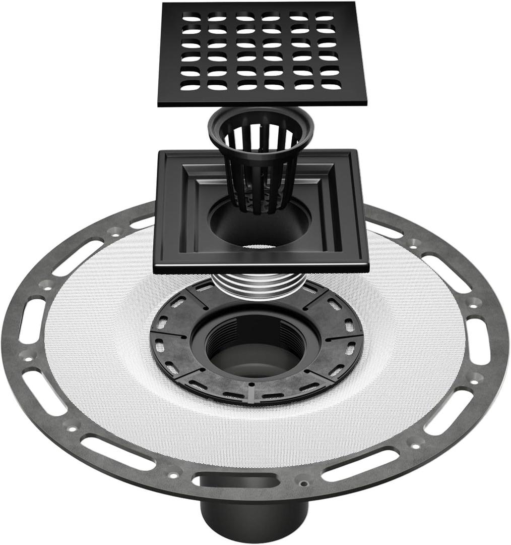 4 Inch Shower Drain Compatible with Schluter Kerdi System, Bonding Drain with PVC Bonding Flange for Schluter Shower Kit, Diamond Pattern Grate (Black)
