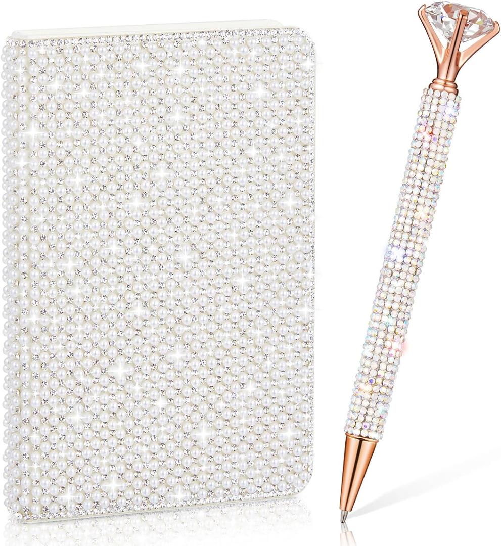 Rhinestone Notebook Pen Sets Glitter Pocket Notebook Crystal Pens Mini Diamond Journal Hardcover Bling Diary Office Desk Accessories for Women Birthday Gift(Pearl,A6,White)
