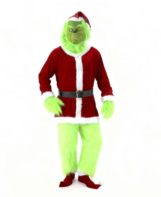 Christmas Green Costume for Men Furry Adult Santa Claus Costume Mask Santa Suit XL