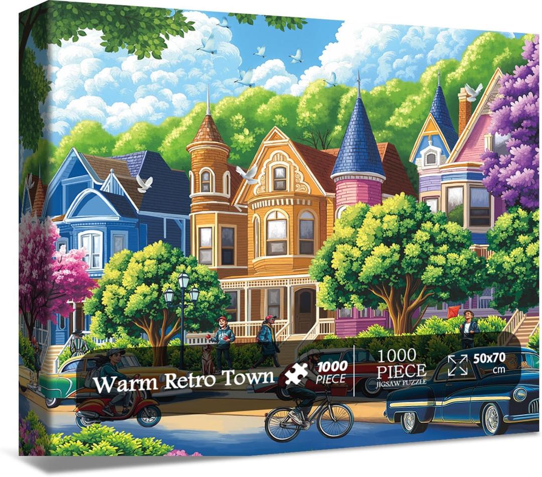 Colorful City Landscape Puzzles for Adults 1000 Pieces. Cozy Vintage Town in Spring Street Jigsaw Puzzles. Challenging Nature,Tree,Flower,Car,Art Puzzles